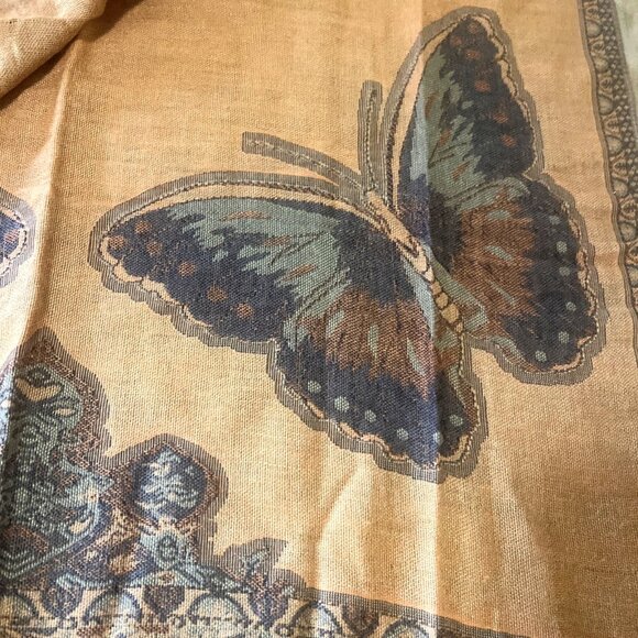 Beautiful Scarf Wrap Shawl Butterfly And Floral Design Orange Brown Fringe 70x26 - Picture 5 of 7